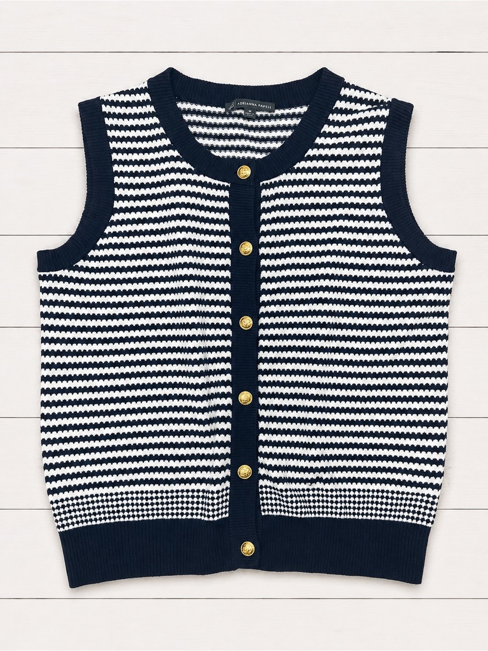 Adrianna Papell Navy and White Striped Knit Tank with Gold Buttons